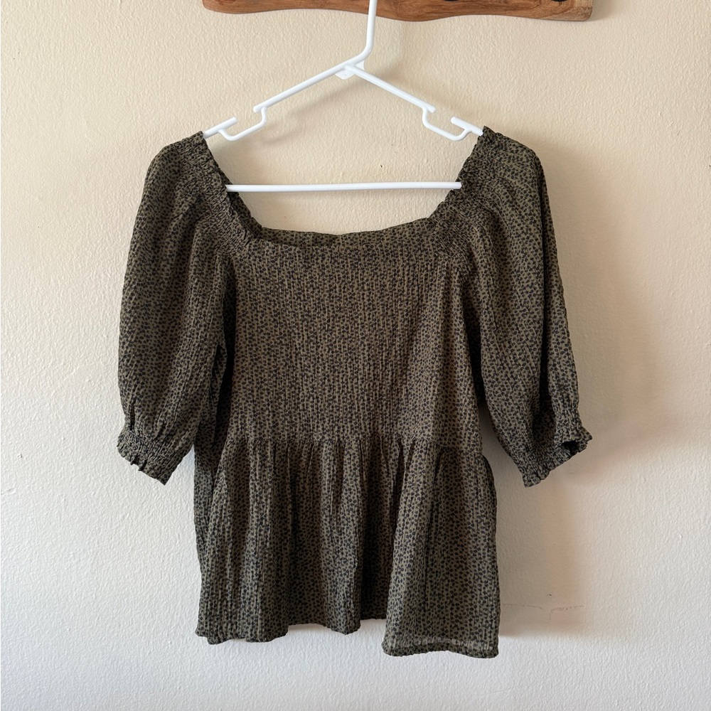 LOFT Olive Green Dotted Puff Sleeve Square Neck Peplum Top Blouse Size S